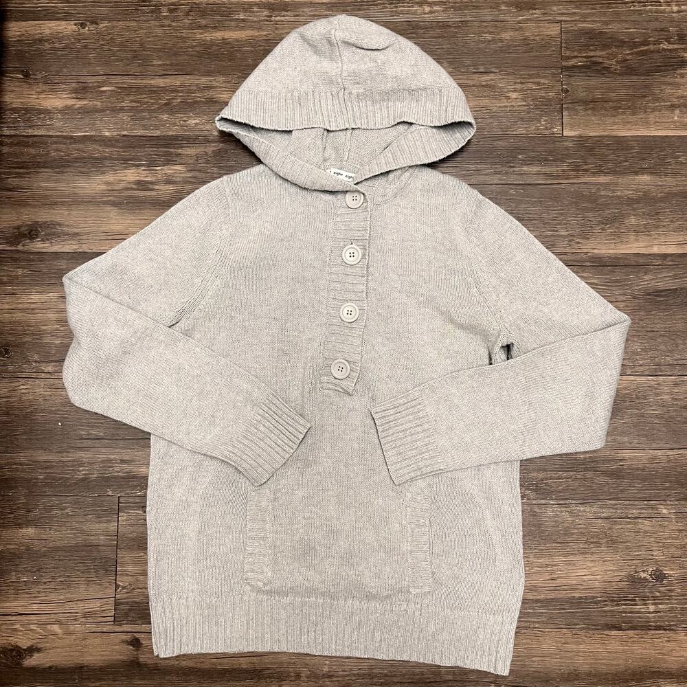 Gray Knit Hoodie 100% Cotton Sweater Medium Beige Henley Cozy Minimal Heavy - Picture 8 of 9